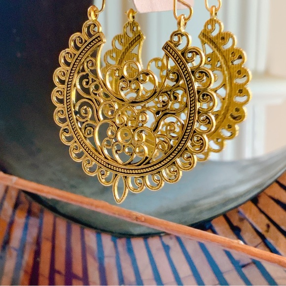BOGO Large Gold Mandala Hoop Earrings Filigree Tribal Aztec Tibetan Native Bird - Picture 5 of 16